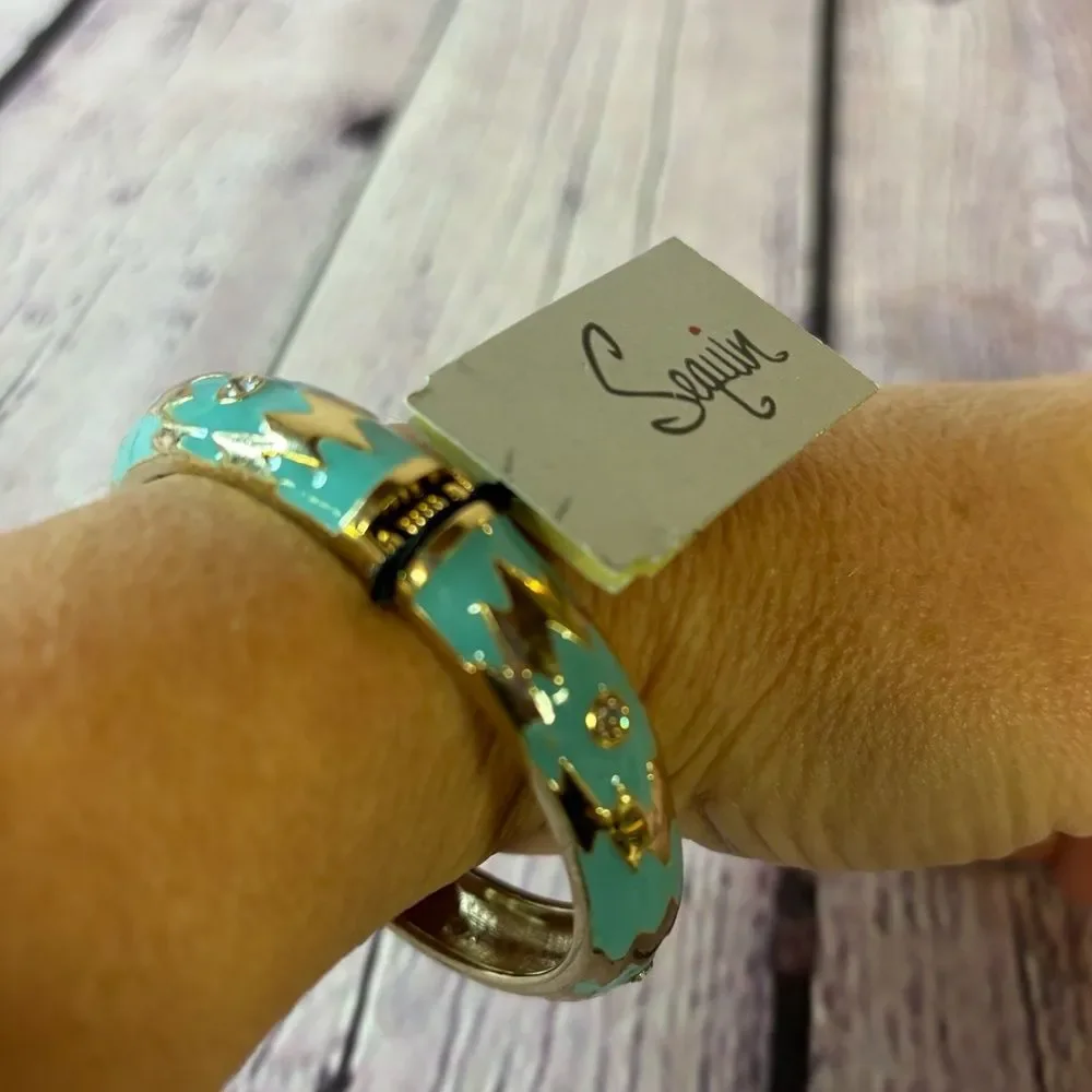 NWT Sequin for Nordstrom Turquoise Gold Color Enamel Hinged Bangle Bracelet